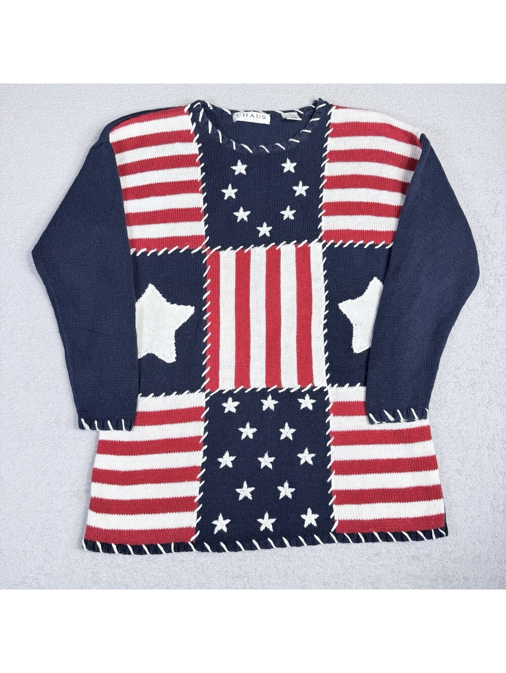 Chaus Vintage American Flag Patchwork Sweater Sz L Patriotic Heavyweight